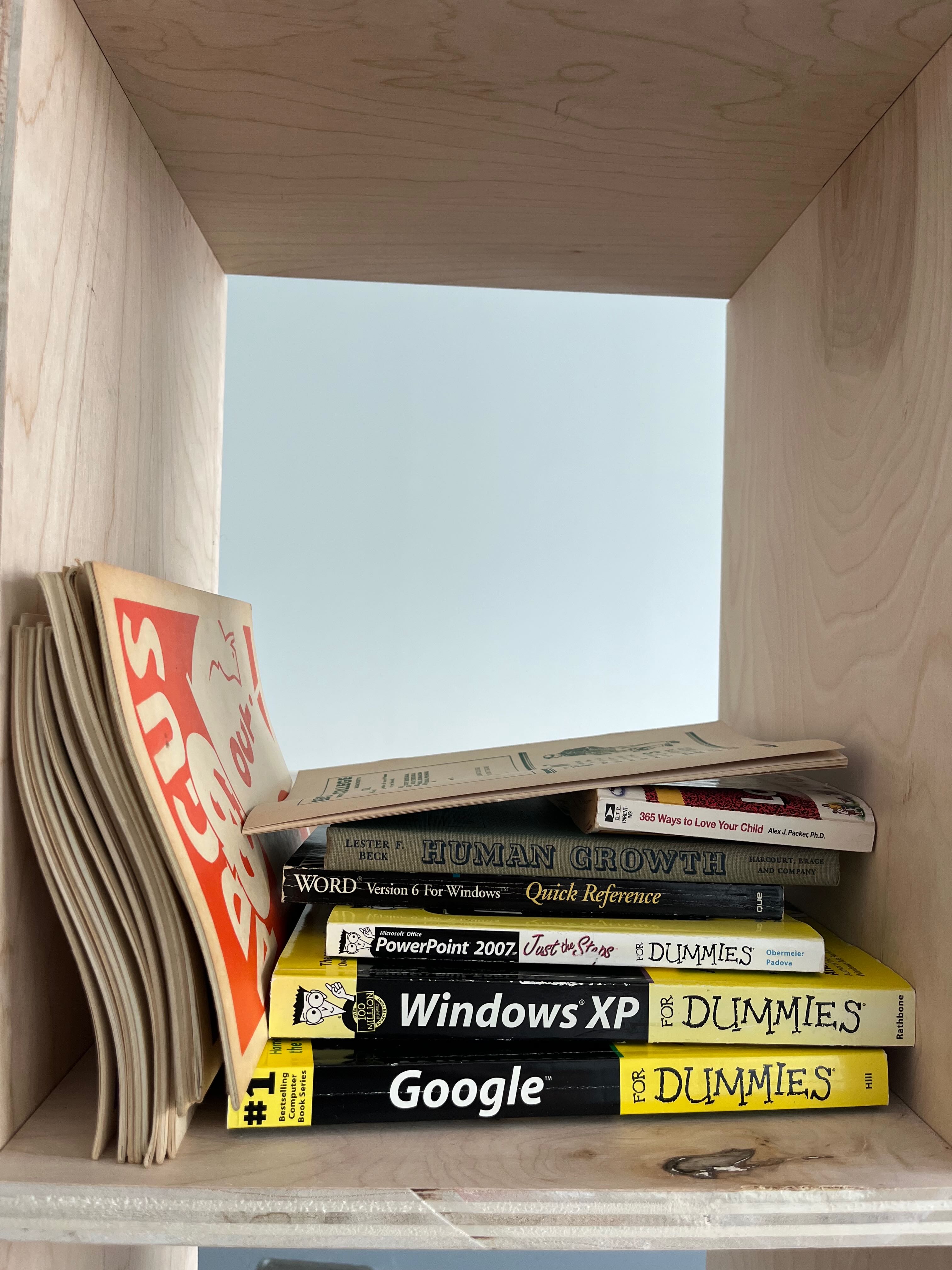 Image of old magazines, books, and some 'For Dummies' titles