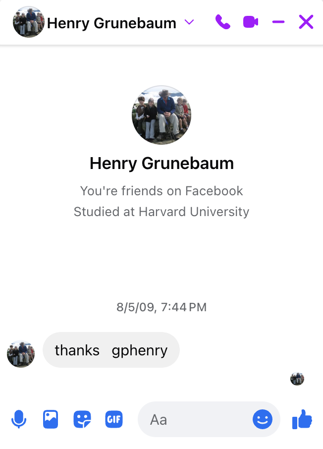 Screenshot of a Facebook chat with Henry Grunebaum reading 'thanks  gphenry'